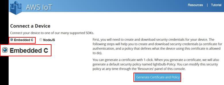 Amazon Web Services user interface for Internet of Things connect a device Embedded C option