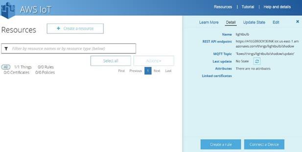 Amazon Web Services user interface for IoT resources option