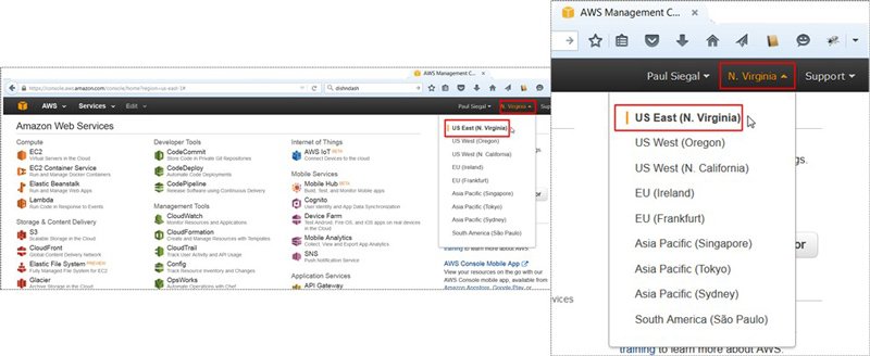 Amazon Web Services user interface for selecting East of USA location