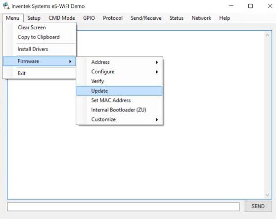 Inventek Systems eS_WiFi Demo user interface Menu Firmware Update option