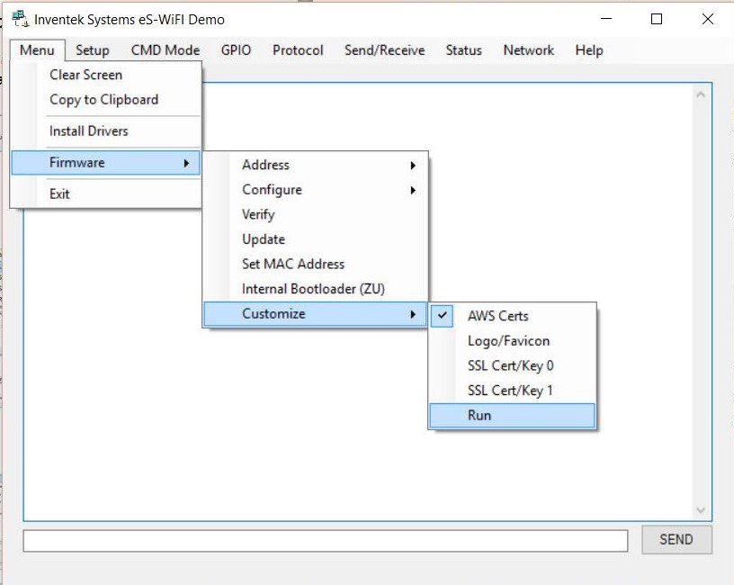 Inventek Systems eS_WiFi Demo user interface Menu Firmware option