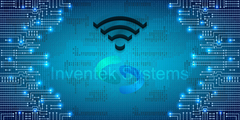 Shows WiFi symbol and Inventek Brand logo, background features electrical circuit WiFi Products by Inventek
